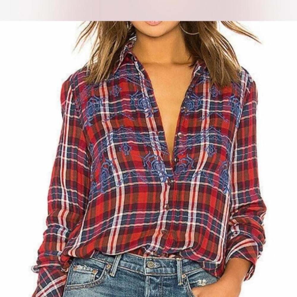 Free People Magical Embroidered Plaid Button Down Shirt